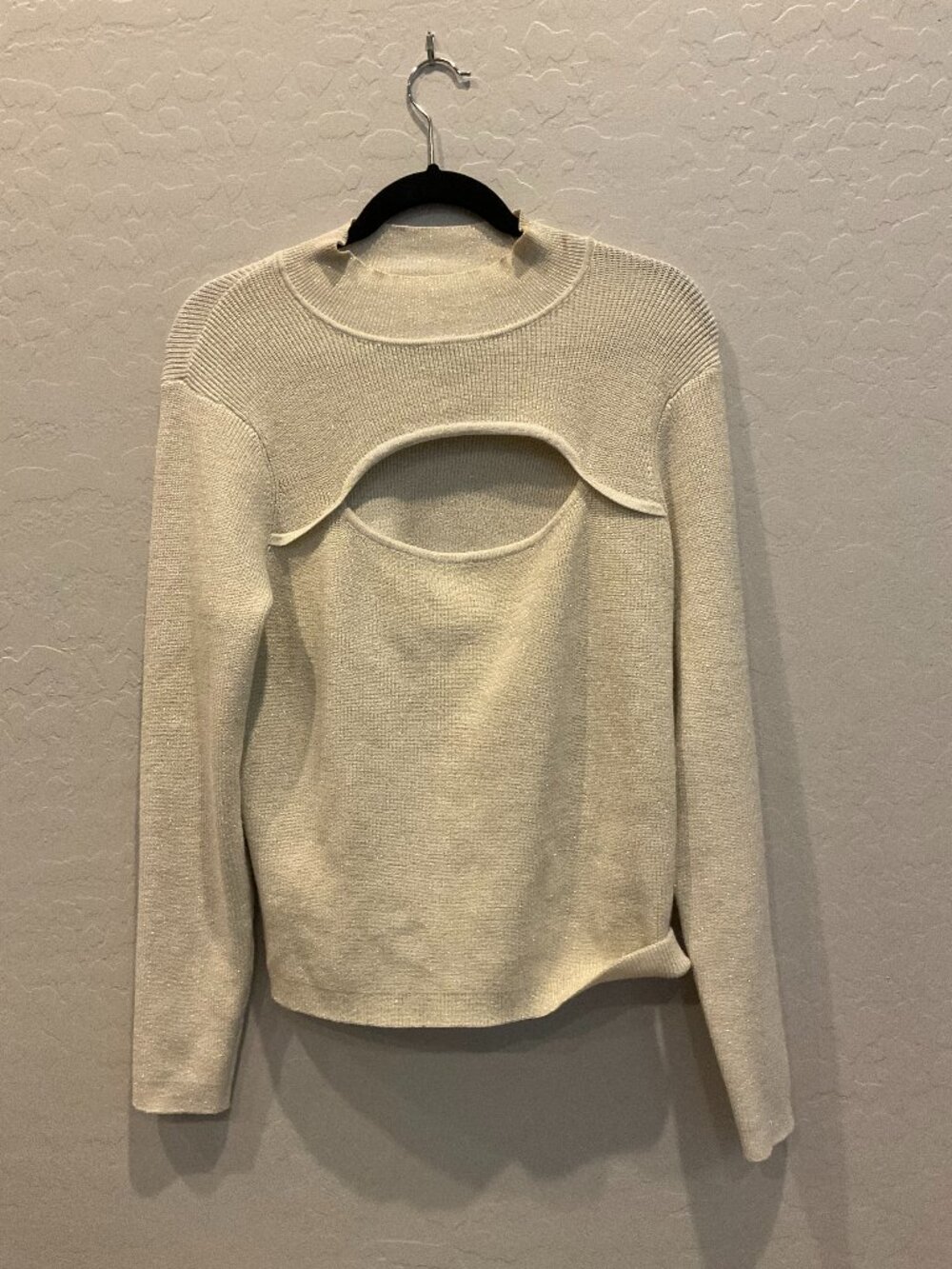 BCBGeneration Cream Gold Metallic Cutout Mock Neck Knit Top Size XL
